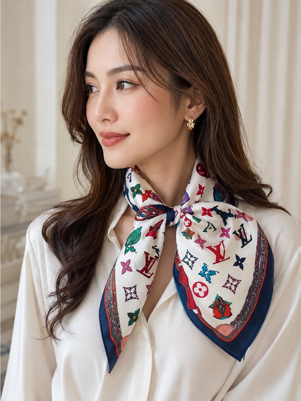 Authentic Louis Vuitton White Multicolor Silk Logo-Print Scarf